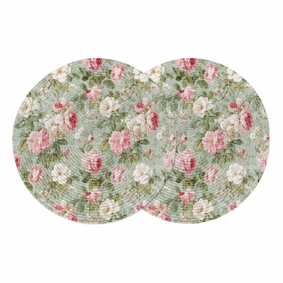 White Pink Flower Round 13 Inch Placemats Set of 2, Shabby Chic Spring Vintage Leaf Green HeatResistant Non Slip Place Mats for Dining Table, Wipeable Braided Kitchen Table Mats for Housewarming