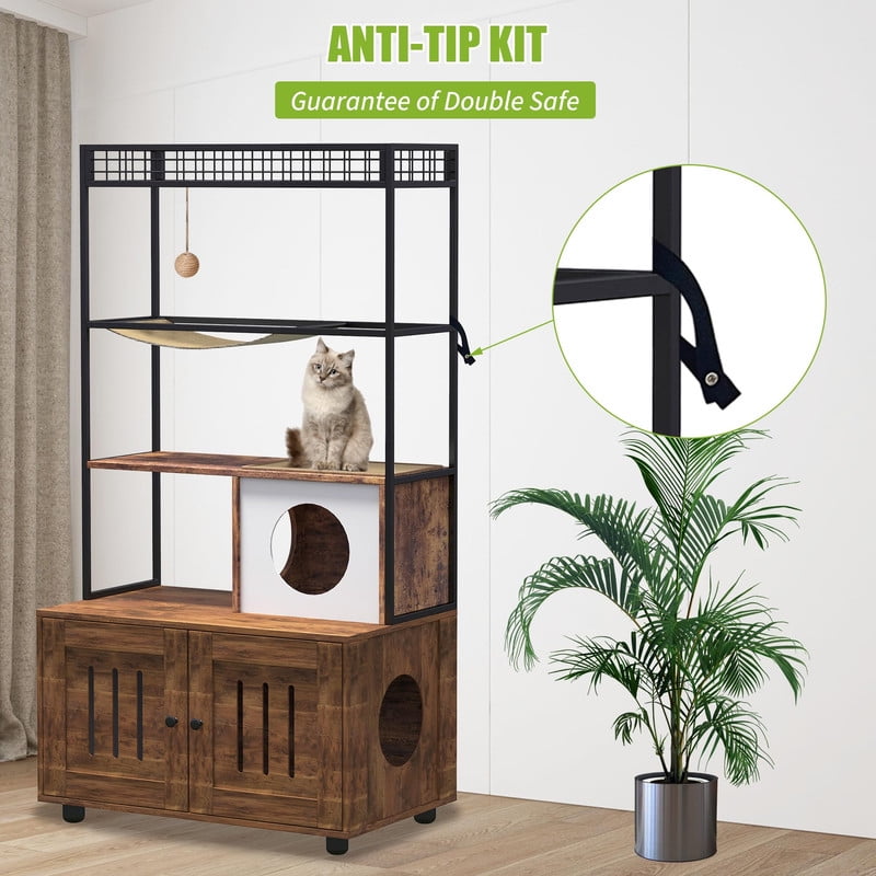 TROPOW 60" Cat Litter Box Furniture Cabinet with Condo, Brown Cat House with Storage Shelf, Sisal Hammock, Hanging Play Ball and Reversible Entry Door, Hidden Litter Enclosure for Indoor Cats
