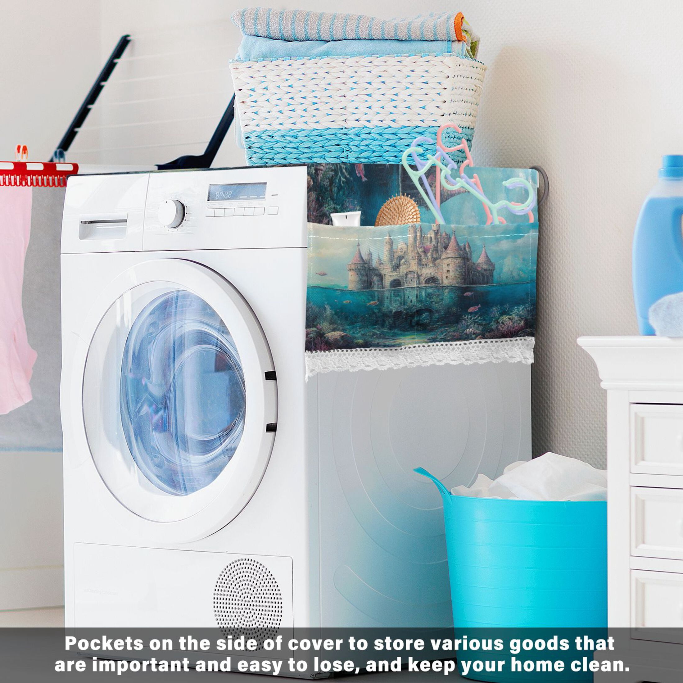 Seabed CastleWasher and Dryer Covers Dust-Proof and Oil Resistant Fridge Cover with 4 Storage Pockets Washing Machine Top Cover for Laundry Kitchen Home 51.2 x 22 In