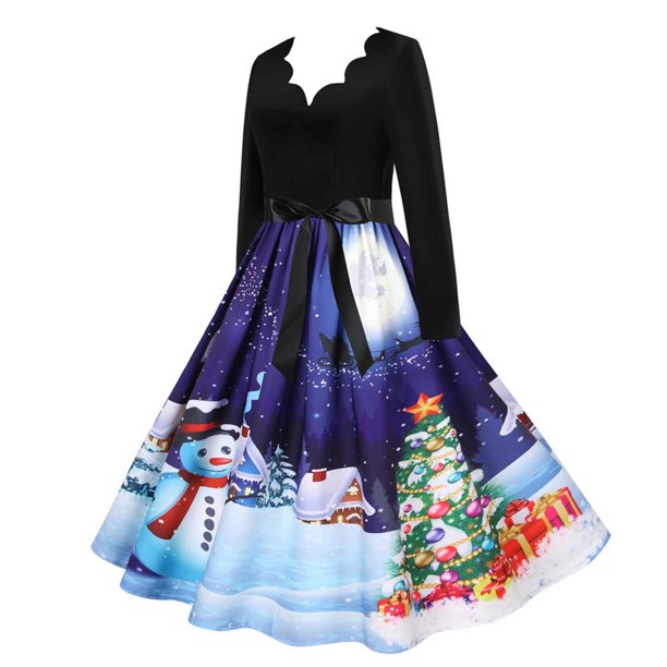 Vestidos de Navidad Para Mujer Vestido de Fiesta Vintage Con Estampado de Cuello en V de Manga Larga Odeerbi ODB209223