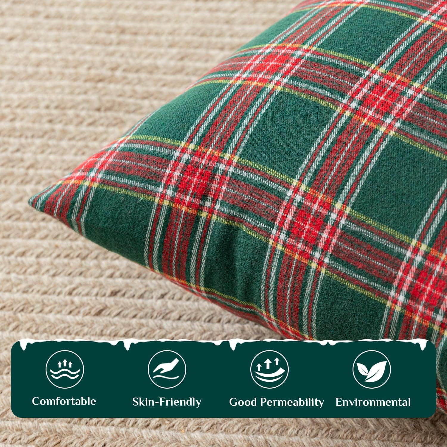 Christmas Pillow Cover 18x18 Set of 4 - Green Tartan Checkered Throw Pillow Cover, Farmhouse Buffalo Plaid Xmas Decorative Cushion Case for Couch Sofa, Christmas Holiday Decor