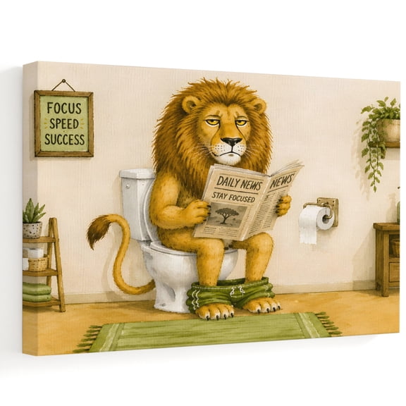 Lion Newspaper Canvas Wall Art, Modern Playful White Porcelain Toilet Brown Animal Wall Art Prints Artwork Framed Canvas Ready to Hang Art Pictures for Bathroom, Dressing Table, Entryway 12" x 8"