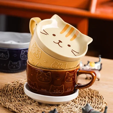 

Japanese style ceramic cartoon animal mug cute home breakfast cup office coffee cup with lid couple water cup -301-400ml -A