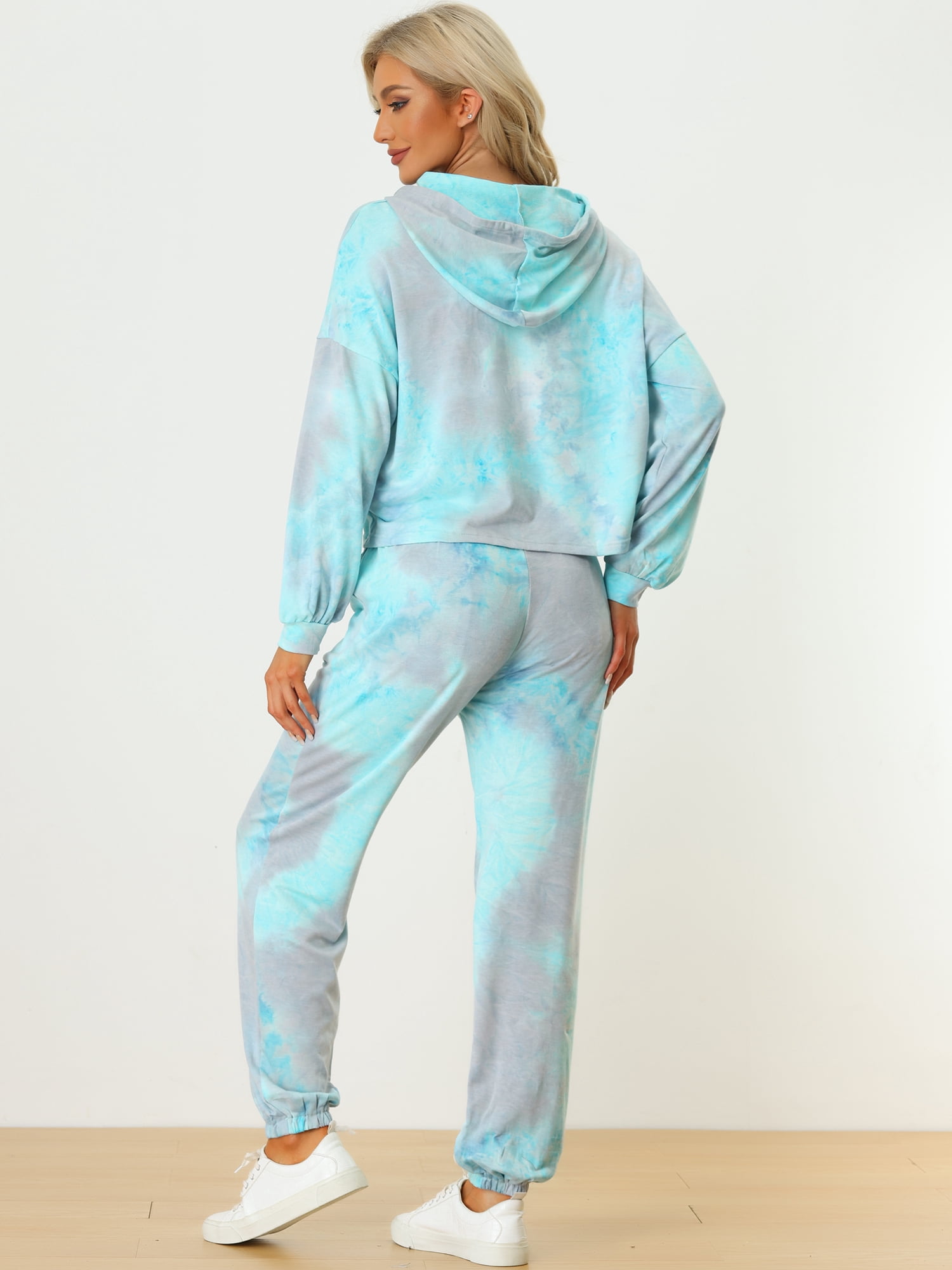 DARING DIVA Women's 2 Piece Tie Dye Hoodie Drawstring Sports Outfit XS Light Blue