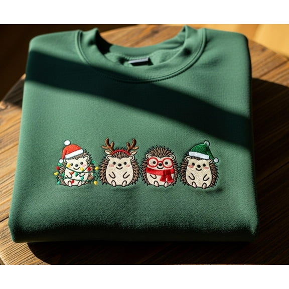 Christmas Hedgehog Sweatshirt Embroidered Sweater Fall Holiday Family Christmas Lights Pajamas Shirt New Year Shirt Gift For Her Xmas Gift