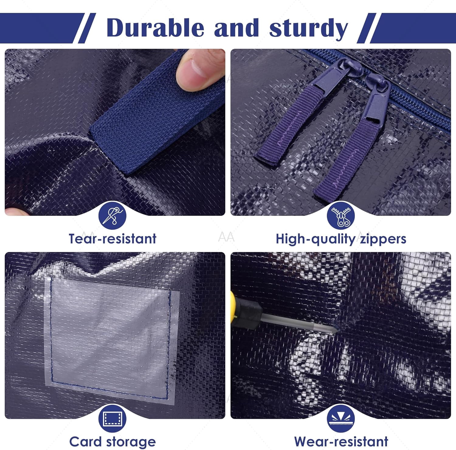 Extra Large Heavy Duty Moving Bags, 12 Pack with Reinforced Zipper & Wide Handles, Moisture-Resistant Storage Bins Packing Cubes for Clothes, College Dorm, Travel, and Home Organization, Dark Blue