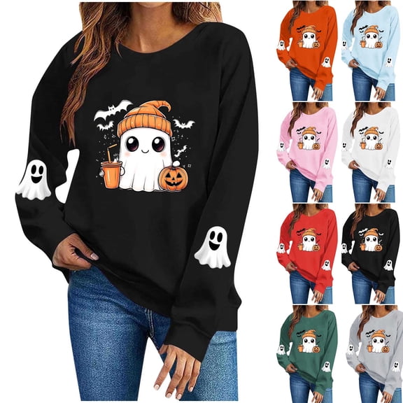 gbyLJF Women's Halloween Sweatshirt Cute Ghost & Pumpkin Graphic Tops Spooky Season Casual Fleece Pullover