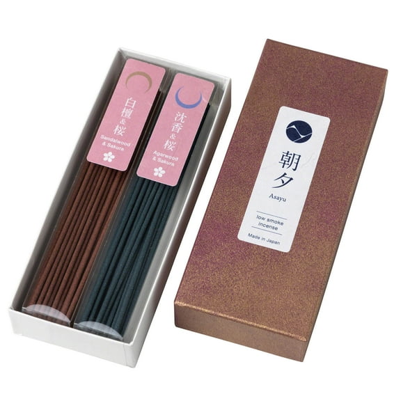 Asayu Japan Low Smoke Incense Sticks Set Sakura & Sandalwood Blend and Sakura & Agarwood Blend Made in Japan 1.410z