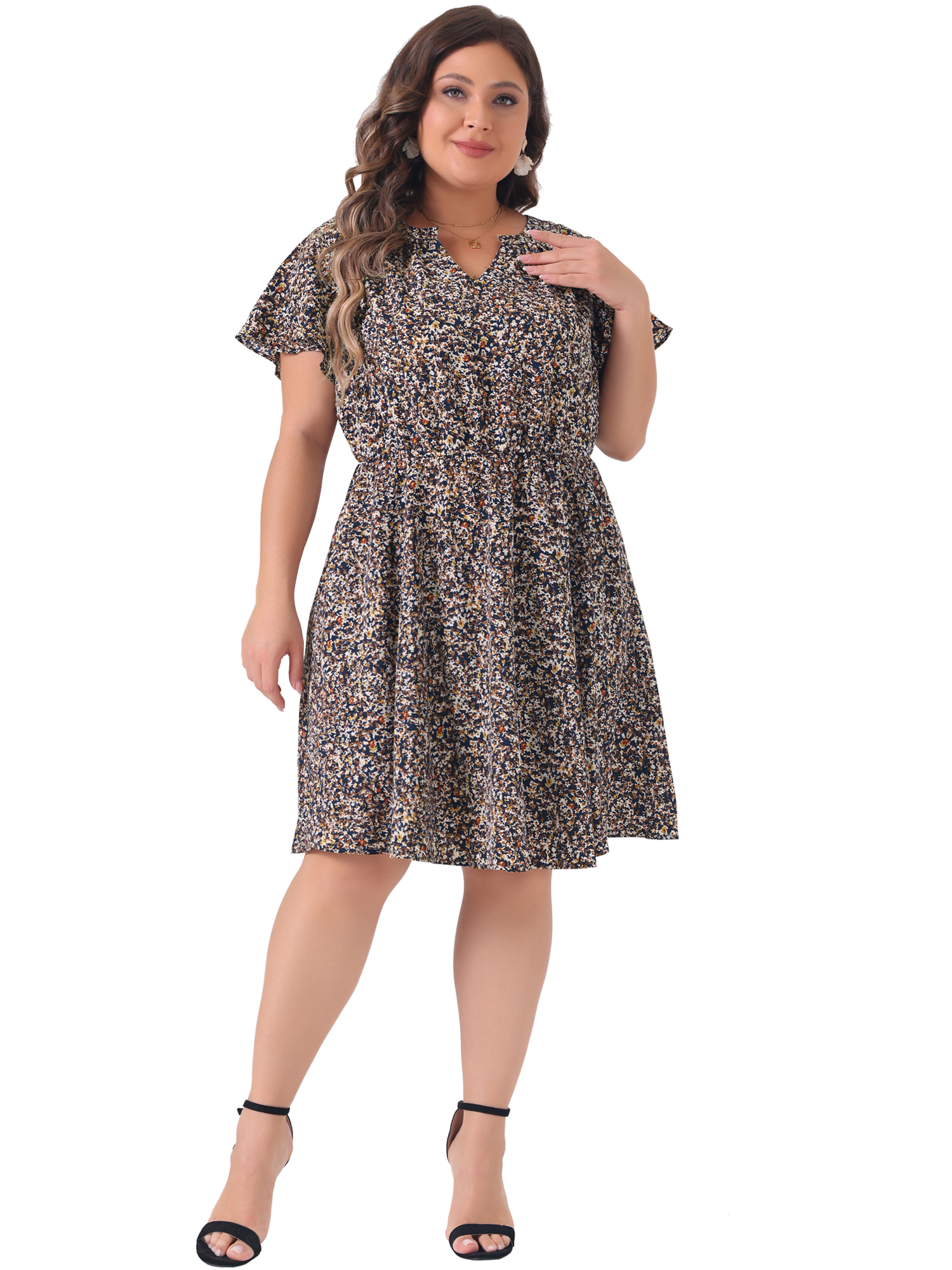 DARING DIVA Plus Size Boho Floral Notched V Neck Ruffle Sleeve Dress 4X Navy Blue