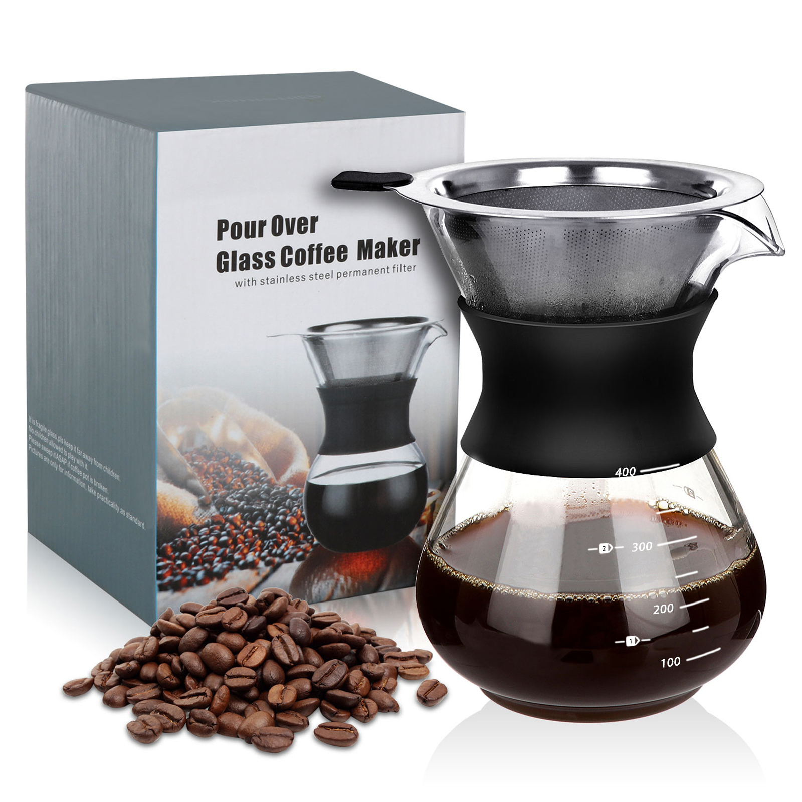 HEIHOX Pour over Coffee Maker Set 14 oz Pour over Coffee ,Coffee Brewing Cup,Glass and stainless coffee maker,Dripper with Reusable Stainless Steel Cone Filter（Non-electromagnetic heating)