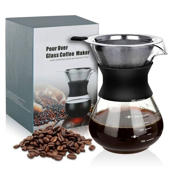 HEIHOX Pour over Coffee Maker Set 14 oz Pour over Coffee ,Coffee Brewing Cup,Glass and stainless coffee maker,Dripper with Reusable Stainless Steel Cone Filter(Non-electromagnetic heating)