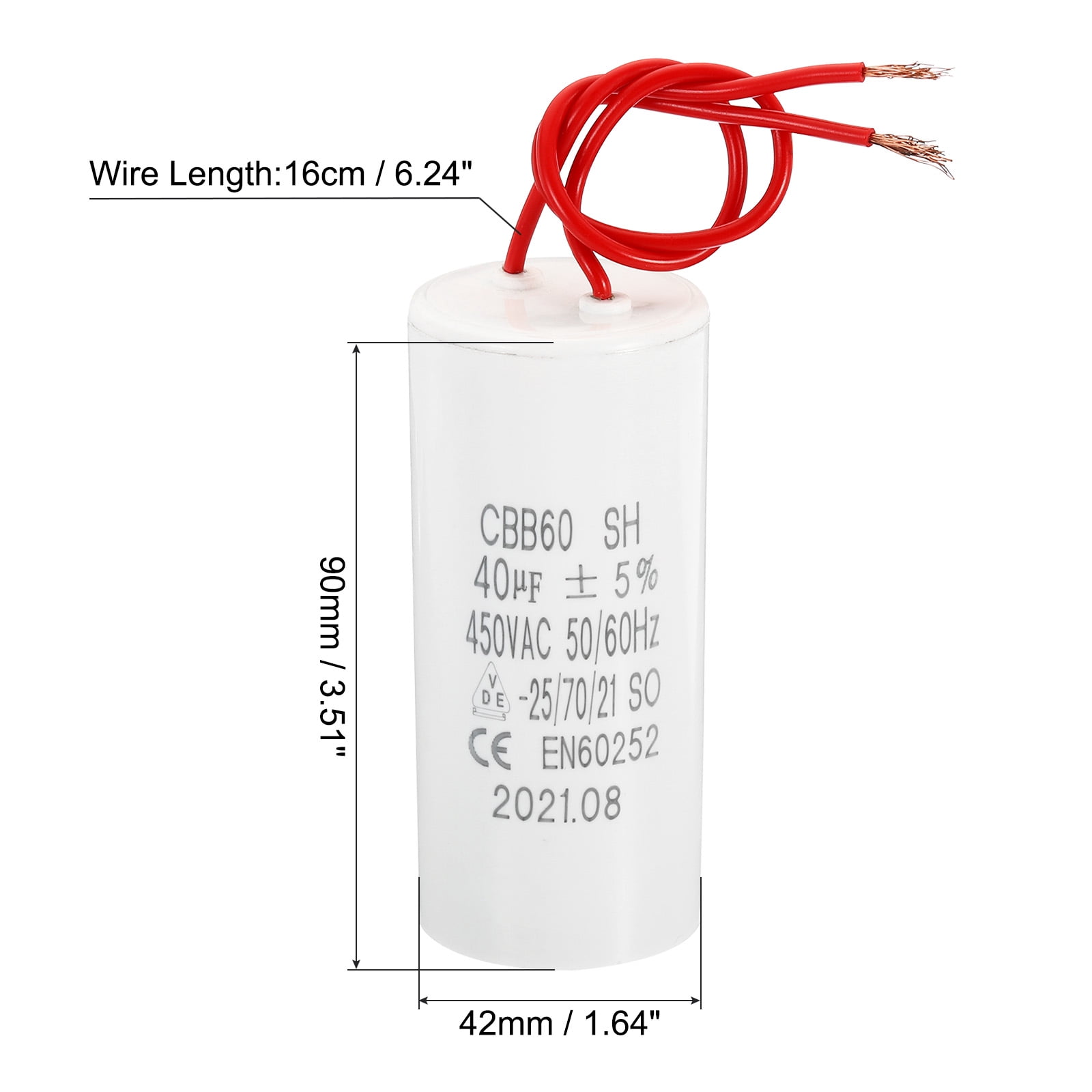 Uxcell CBB60 40uF Run Capacitor,2Pcs AC450V 50/60Hz with 2 Wires 16cm for Water Pump