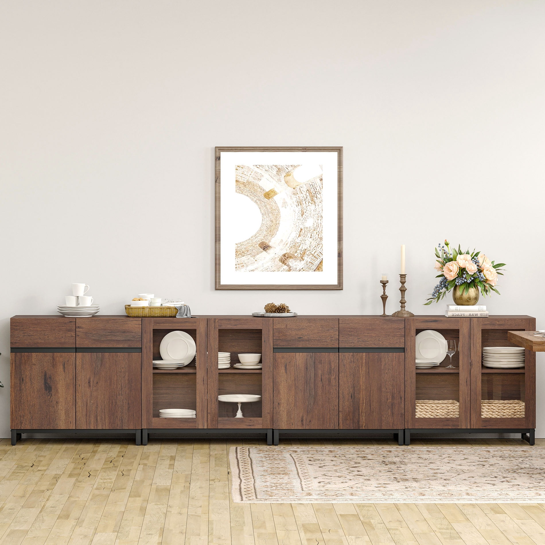 Modern Sideboard With Adjustable Shelves, 4 In 1 Storage Cabinet With Glass Doors, Coffee Bar Cabinet For Living Room, Kitchen,Dinning Room,Brown