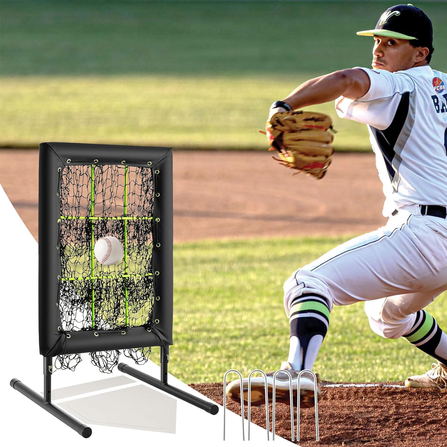 SHZOND 9 Hole Pitching Net Baseball Pitching Target with Strike Zone Pockets, 20 x 30 Inch Adjustable Height Softball Training Aid Equipment for Hitting and Pitching Practice with 4 Ground Stakes