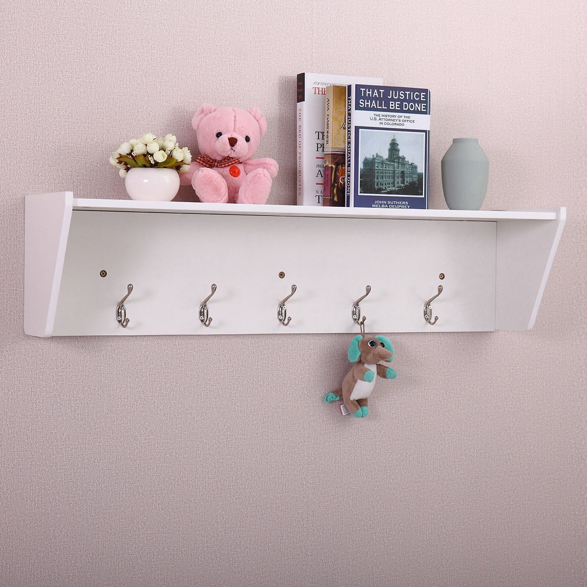 Kepooman 37" Wall Storage Shelf with Hooks, Wall Mount Shelf Rack Organizer for Living Room Hallway Entryway - White Kepooman 37" Wall Storage Shelf with Hooks, Wall Mount Shelf Rack Organizer for Living Room Hallway Entryway - White