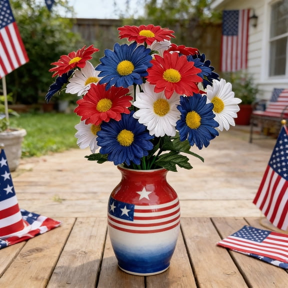 Patriotic Artificial Daisy Bouquet with 7 Heads and 21 Flowers for Independence Day and Fourth of July Decor Vibrant Red White Blue Colors for Home Office and Holiday Party Celebration Arrangements
