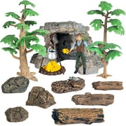 Holzlrgus Miniature Camping Figurine Set Plastic Cave People with Torch Figure Artificial Tree Stump Model Miniature Stone Rock Ornaments for Micro Landscape Desktop Decoration