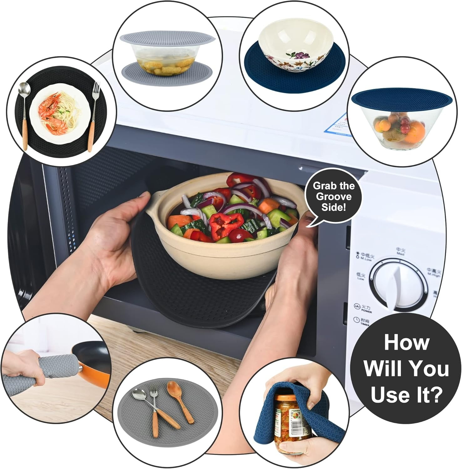 4Pcs Silicone Microwave Multi-Mat, 12" Non-Stick Heat Resistant Oven Mat Microwave Trivet Mat (Grey)