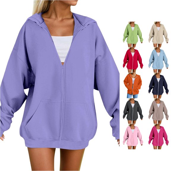 Women Lavender Longline Full Zip Hoodie with Kangaroo Pocket and Drop Shoulder Casual Sweatshirt Mini Dress