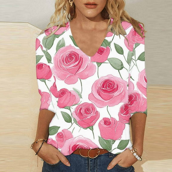 Jsaierl 3/4 Sleeve Tops for Women Casual V Neck Shirts Trendy Print Petite Blouses Flowy Loose Fit Tunic Top S-5XL
