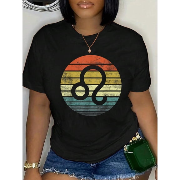 Cotton Leo Gifts Funny Retro Sunset Zodiac Sign Birthday T-Shirt Women's Graphic Tee Casual Tops