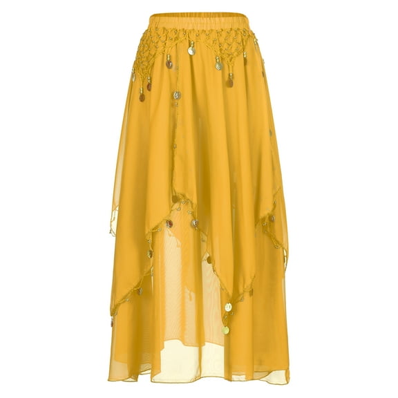 Jowowha Women Girls Sequins Beads Chiffon Belly Dance Skirt Folk Dance Latin Ballroom Dancewear Yellow One Size