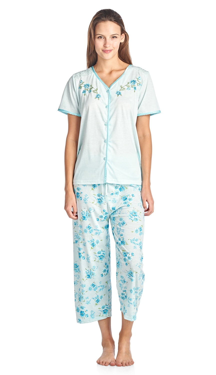 Women's Short Sleeve Floral Satin Lace Capri Pajama Set