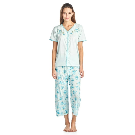 Women's Short Sleeve Floral Satin Lace Capri Pajama Set
