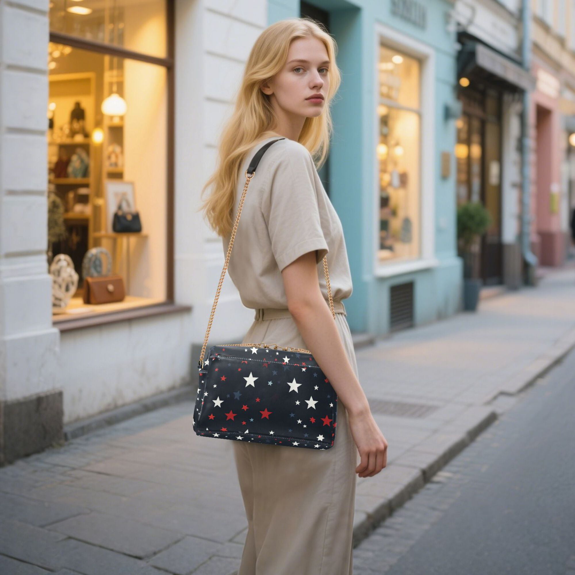 FORMRS Women Crossbody Purse with Chain Strap Vegan Leather Shoulder Handbag, Blue Stars Pattern