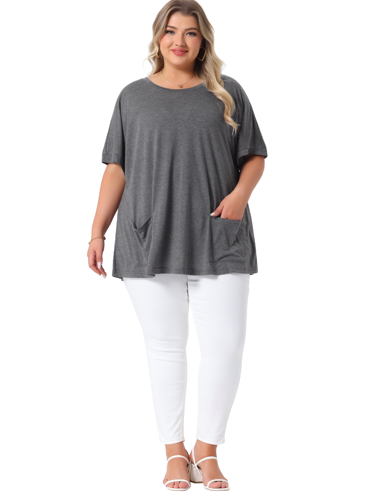 DARING DIVA Women's Plus Crew Neck Loose Fit T Shirt with Pocket Casual 3X Grey