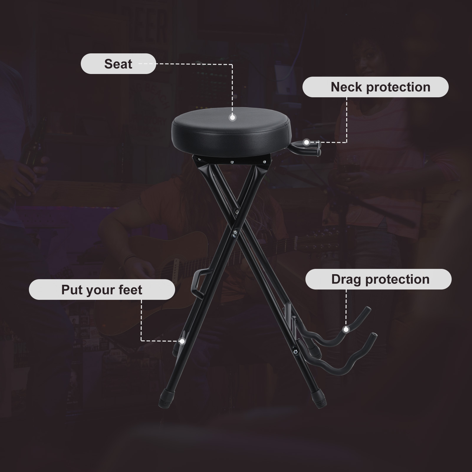 ZNNT Folding Guitar Stool with Padded Cushion, Portable Guitar Chair with Guitar Stand for Adult