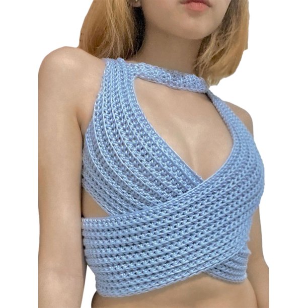 VISgogo Tops cortos para mujer, cuello halter, sin mangas, cruzado, cruzado, de color sólido, de punto, camiseta delgada para damas VISgogo moda
