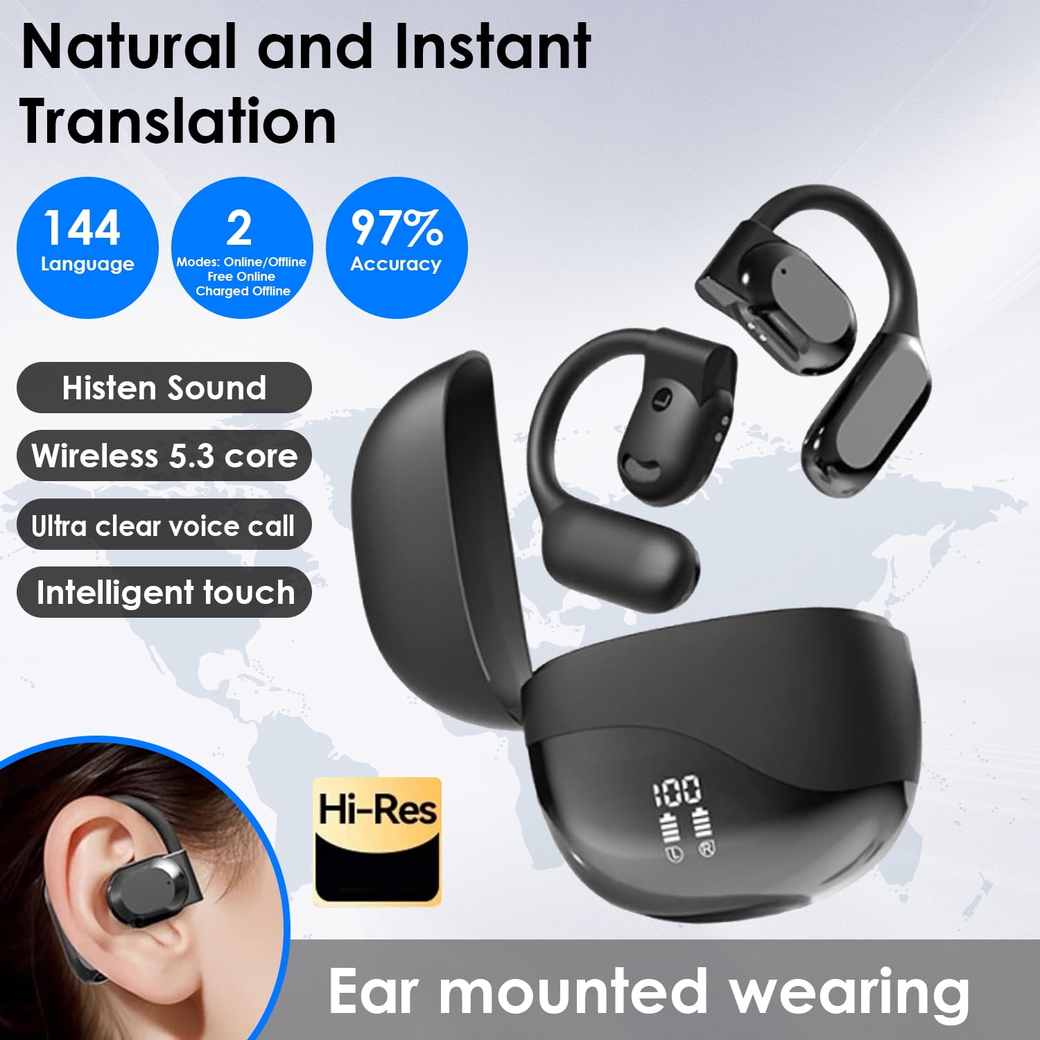 2025 New AI Real Time Language Translator Earbuds Open Ear AI Translation Earbuds Translation Pods Translator Earbuds for Android iOS, 144 Languages Translator Pods for iOS & Android (2pcs Black)