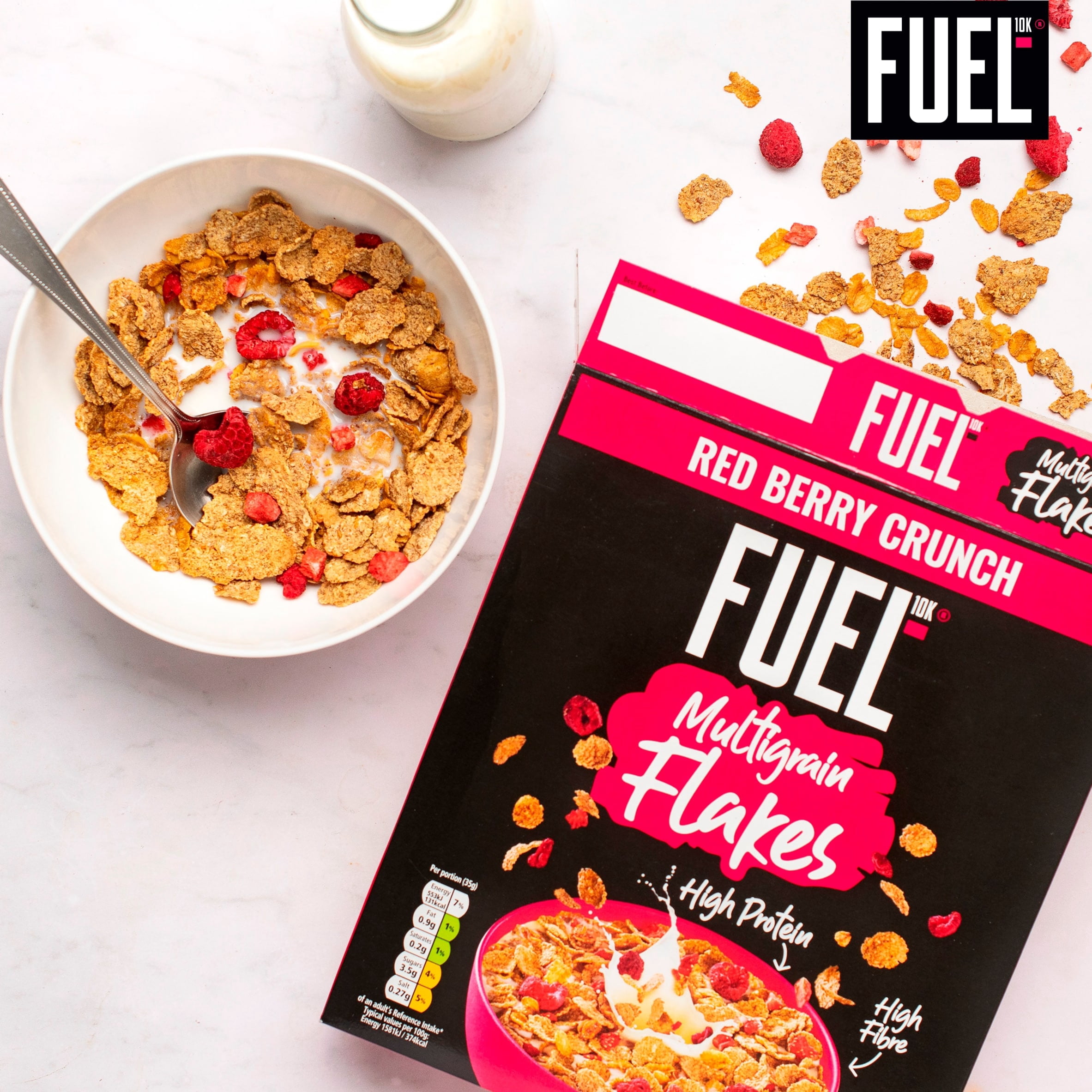 FUEL10K Red Berry Multigrain Flakes High Protein Breakfast Cereal 350g, Imported from Britain