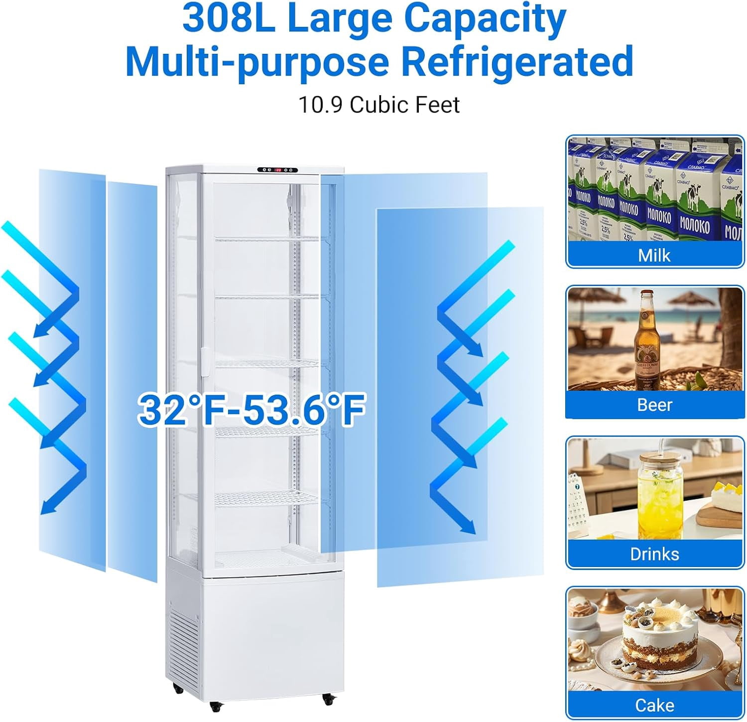 Homhougo Commercial Fridge Display Refrigerator, 10.9 Cubit Feet Beverage Cooler with Tempered Glass Door, Upright Merchandiser with 4 Castors, 5 Adjustable Shelves, Customizable Lightbox, 308L