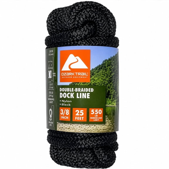 Ozark Trail Double-Braided Nylon Marine Dock Line, 3/8 in x 25 ft, Up to 20 ft Boats, 550 lb Maximum Working Load, Black