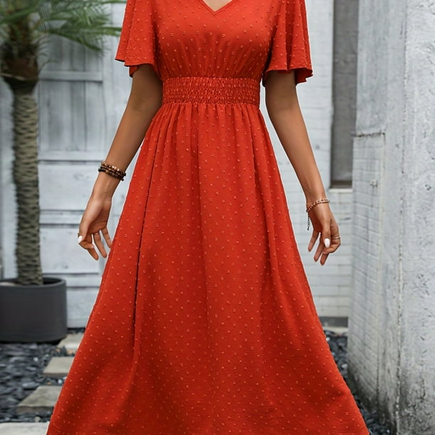 Vestido De Manga De Mariposa De Puntos Suizos, Elegante Vestido Con Cintura Fruncida Y Cuello En V Para Primavera Y Verano, Ropa De Mujer
