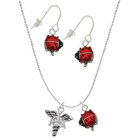 Delight Jewelry Silvertone Caduceus – PTA Red Lucky Ladybug Necklace and Dangle Earrings Set