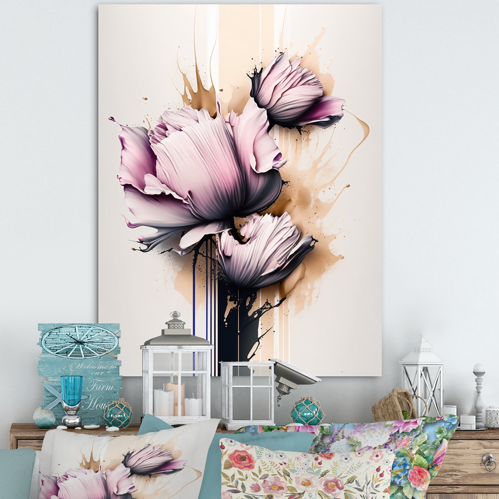 Designart Pink Peony Flower On Abstract Paint Canvas Wall Art