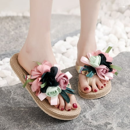 

YTJX Women Weave Beach Breathable Sandals Home Slipper Flowers Flip-Flops Flat Shoes