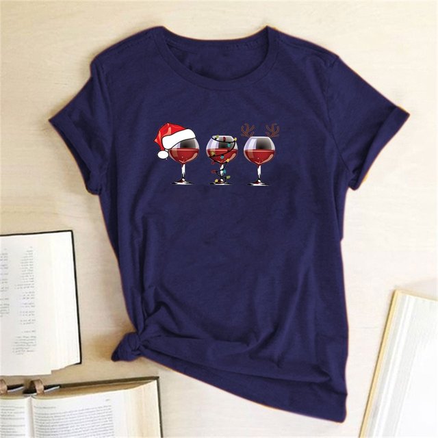Puntoco - Camiseta informal de Navidad para mujer, con estampado de copas de vino, de manga corta, con cuello redondo Puntoco Puntoco-5546