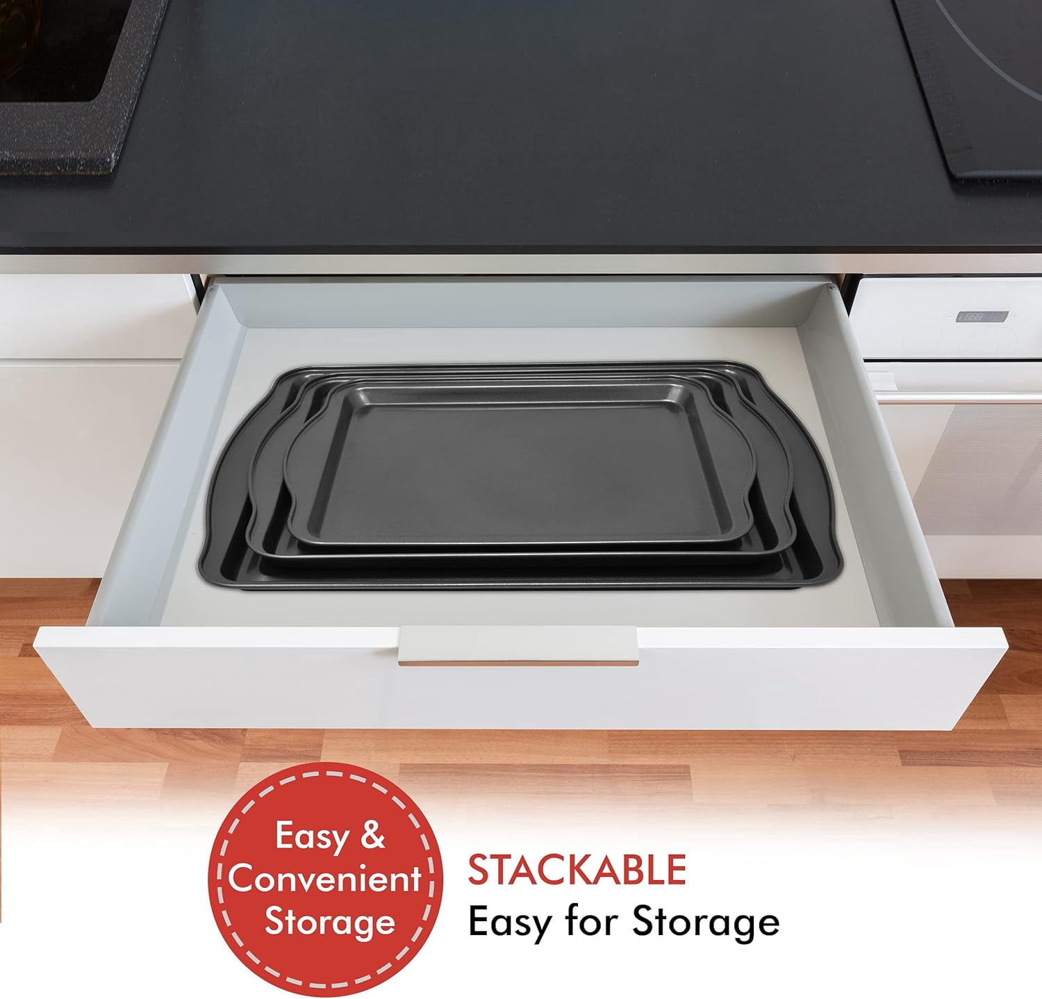 Perlli 3-Piece Cookie Sheet Oven Tray Set with Gray Handles for Non Stick Baking (Small, Medium, Large Trays)