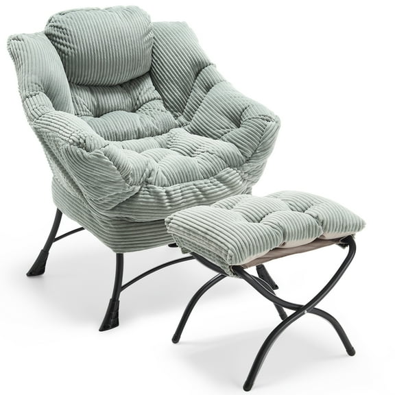 PAPROOS Lazy Chair with Foldable Ottoman, Flannelette Fabric Accent Chair and Footrest Stool Set, Comfy Lounge Arm Chair with Footstool Set, Reading Chair Leisure Sofa Chair for Living Room, Green