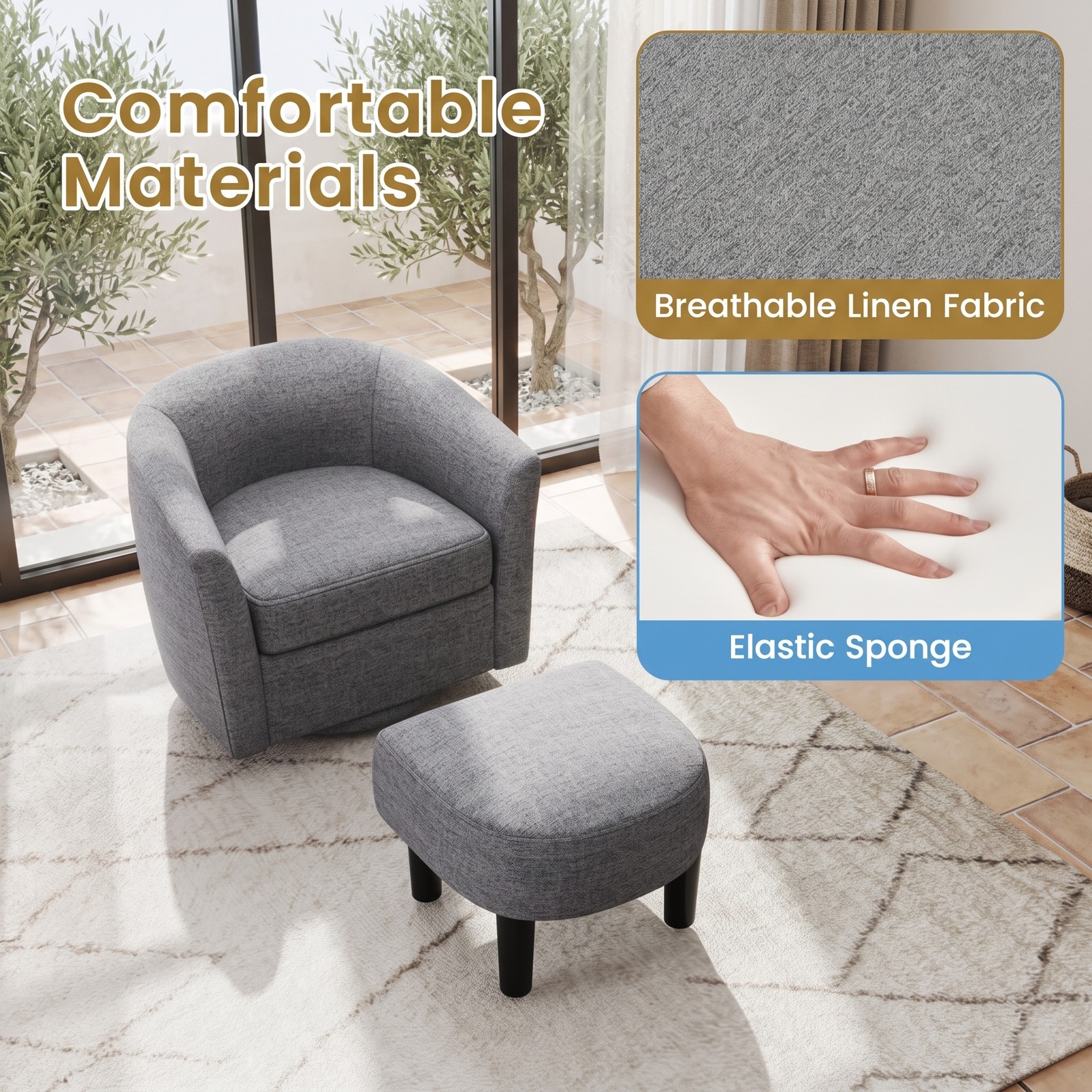 Furnibear Modern Club Swivel Accent Chair with Ottoman Footrest, 360-Degree Swivel Upholstered Linen Reading Armchair with Curved Backrest and Removable Cushion, Gray