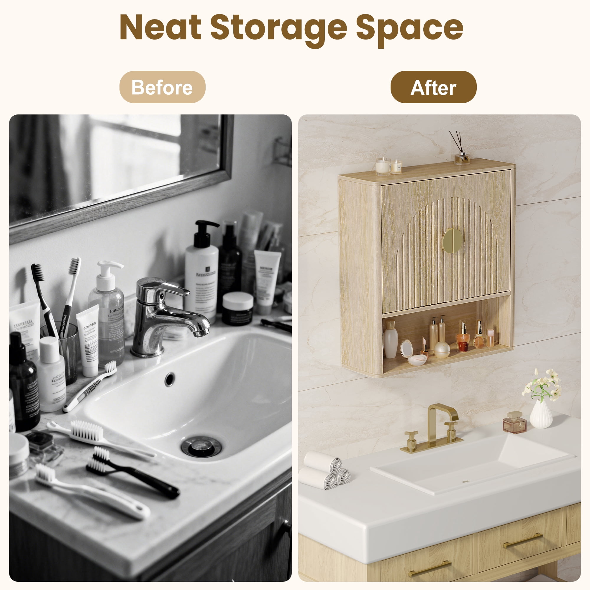 Laintene Bathroom Wall Cabinet, over the Toilet Storage Cabinet with Arched Doors & Adjustable Shelf, Wall Mounted Medicine Cabinet for Bathroom, Laundry Room, Kitchen, Living Room, Natural Oak