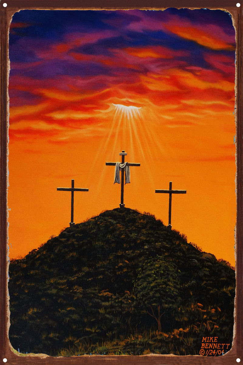 Three Crosses at Calvary Rustic Metal Art Print by Mike (12" x