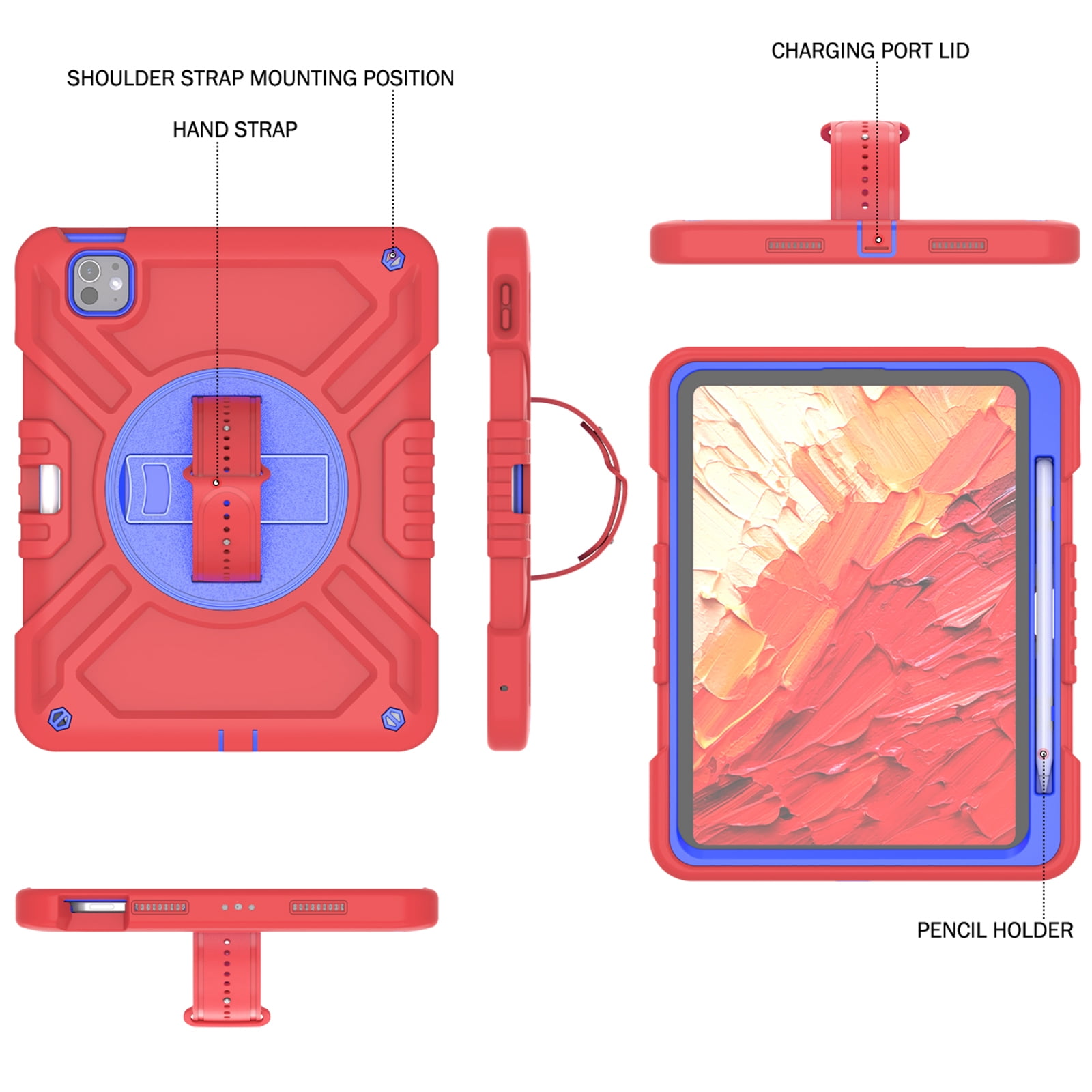 Military Grade Case for Apple iPad Pro 11 2024,Shoulder Strap Shockproof iPad Case with Pencil Holder 360 Rotating Hand Strap+Kicstand Rugged Siicone and Hard PC Case,Redblue