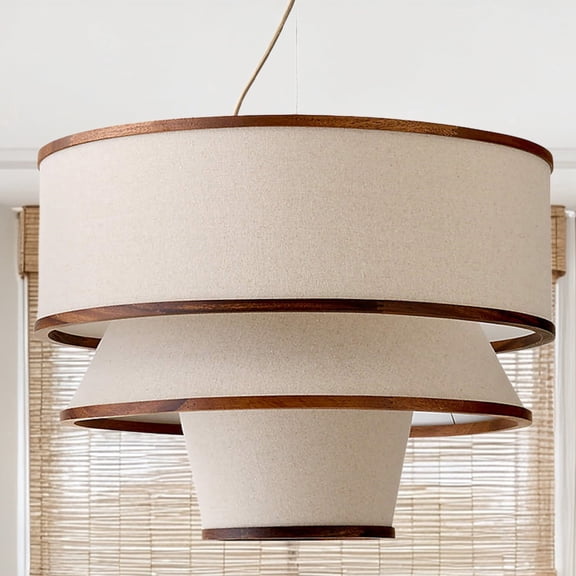 Brazilian Modern Natural Linen Pendant Light with Walnut Trim and Unlacquered Brass for Dining Room, Living Room, Entryway