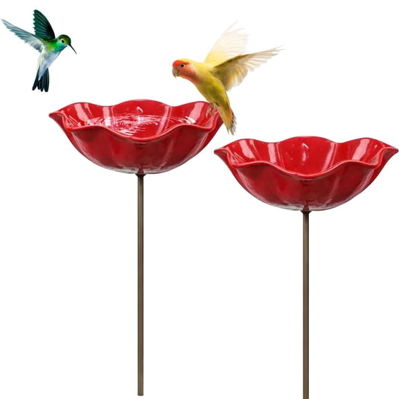 2Pcs Birdbaths for Outdoors,Handmade Metal Flower Garden Stake Bird Bath Bowl,Hummingbird Bath Water Bowl,Bee Water Feeder with Flower Design,Butterfly Bee Watering Station for Garden