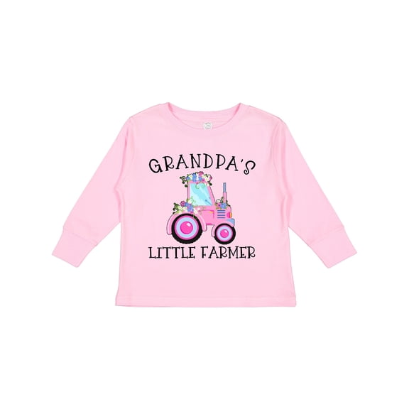 Inktastic Grandpa's Little Farmer Pink Tractor and Flowers Boys or Girls Long Sleeve Toddler T-Shirt